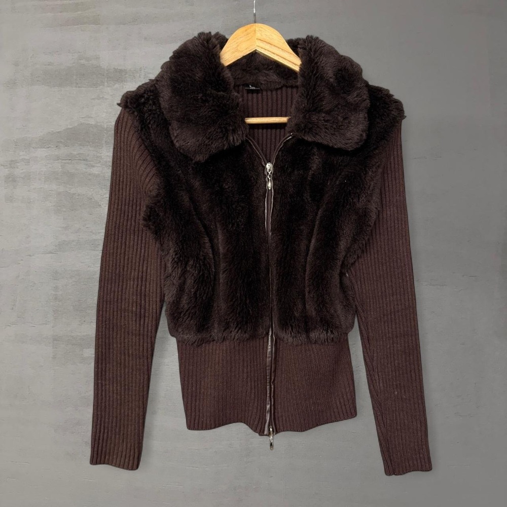 Capri Faux Fur Trim Ribbed Zip Up Sweater Brown‎ Y2K Glam Size M